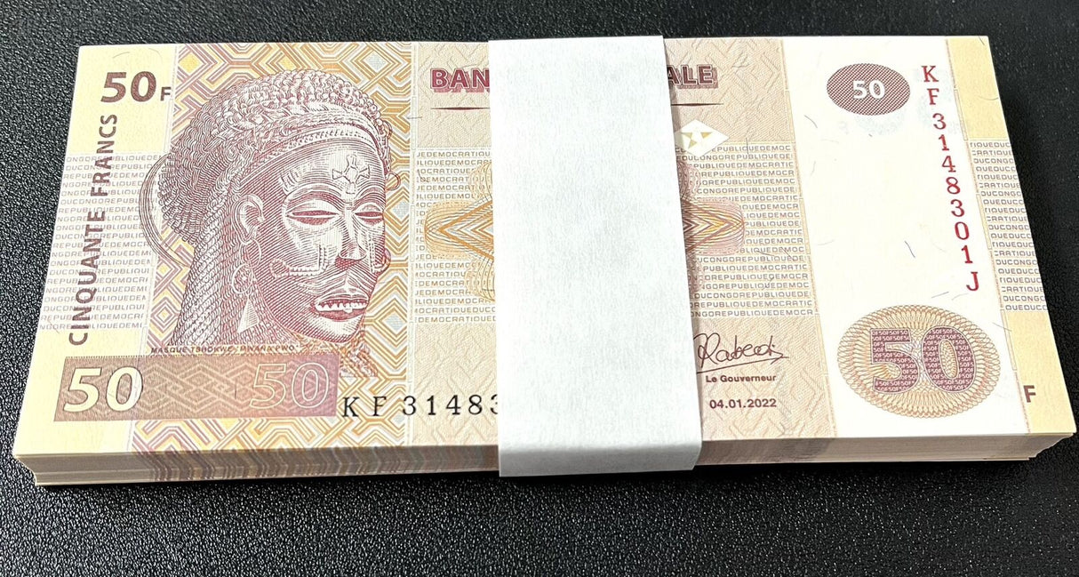Congo 50 Francs 2022 P 97B New Sign UNC LOT 100 PCS 1 Bundle
