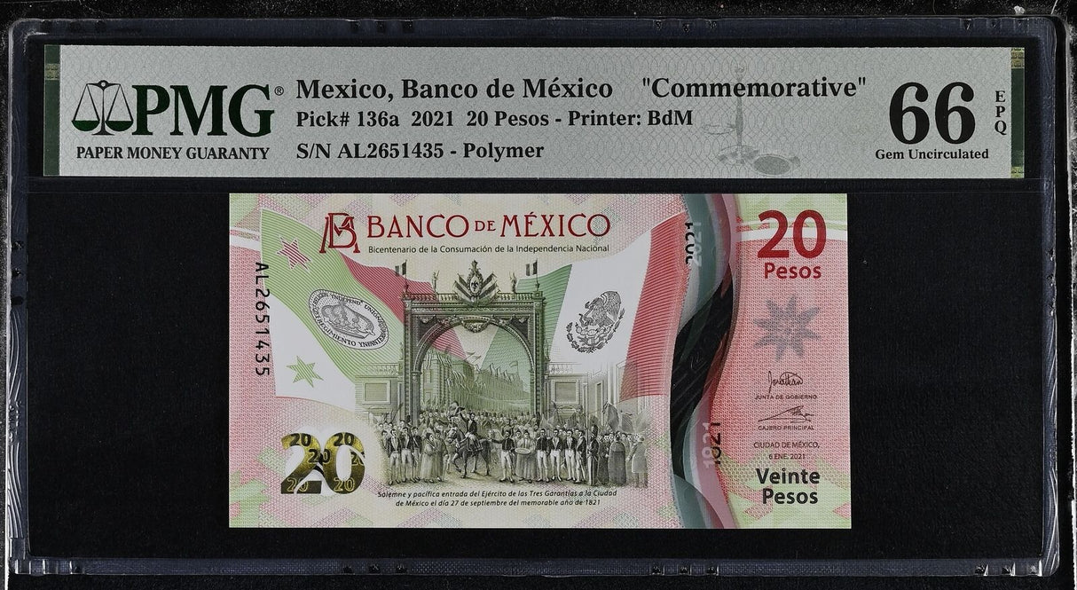 Mexico 20 Pesos 2021 P 136 a Commemorative Gem UNC PMG 66 EPQ
