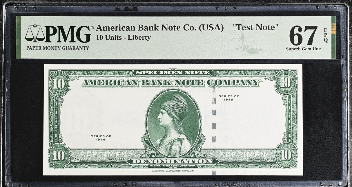 TEST NOTE American Bank USA 10 Units Liberty Seri 1929 Superb Gem UNC PMG 67 EPQ