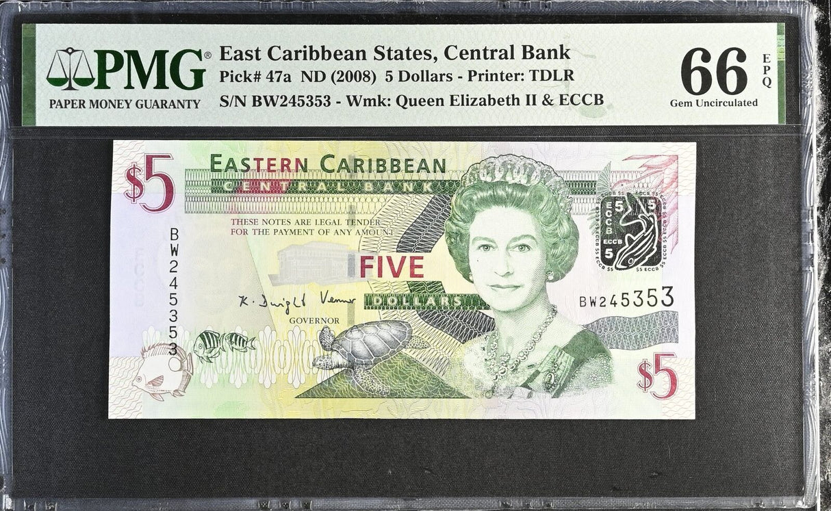 East Caribbean 5 Dollars ND 2008 P 47 a Gem UNC PMG 66 EPQ