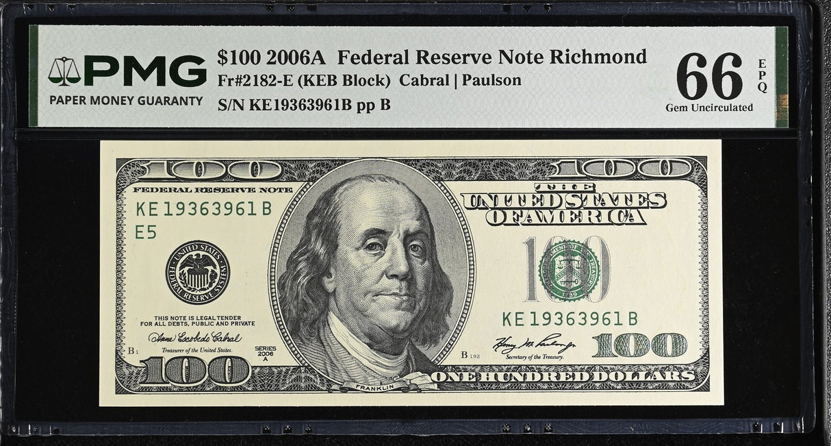 United States 100 Dollars USA 2006A P 528 E Richmond Gem UNC PMG 66 EPQ