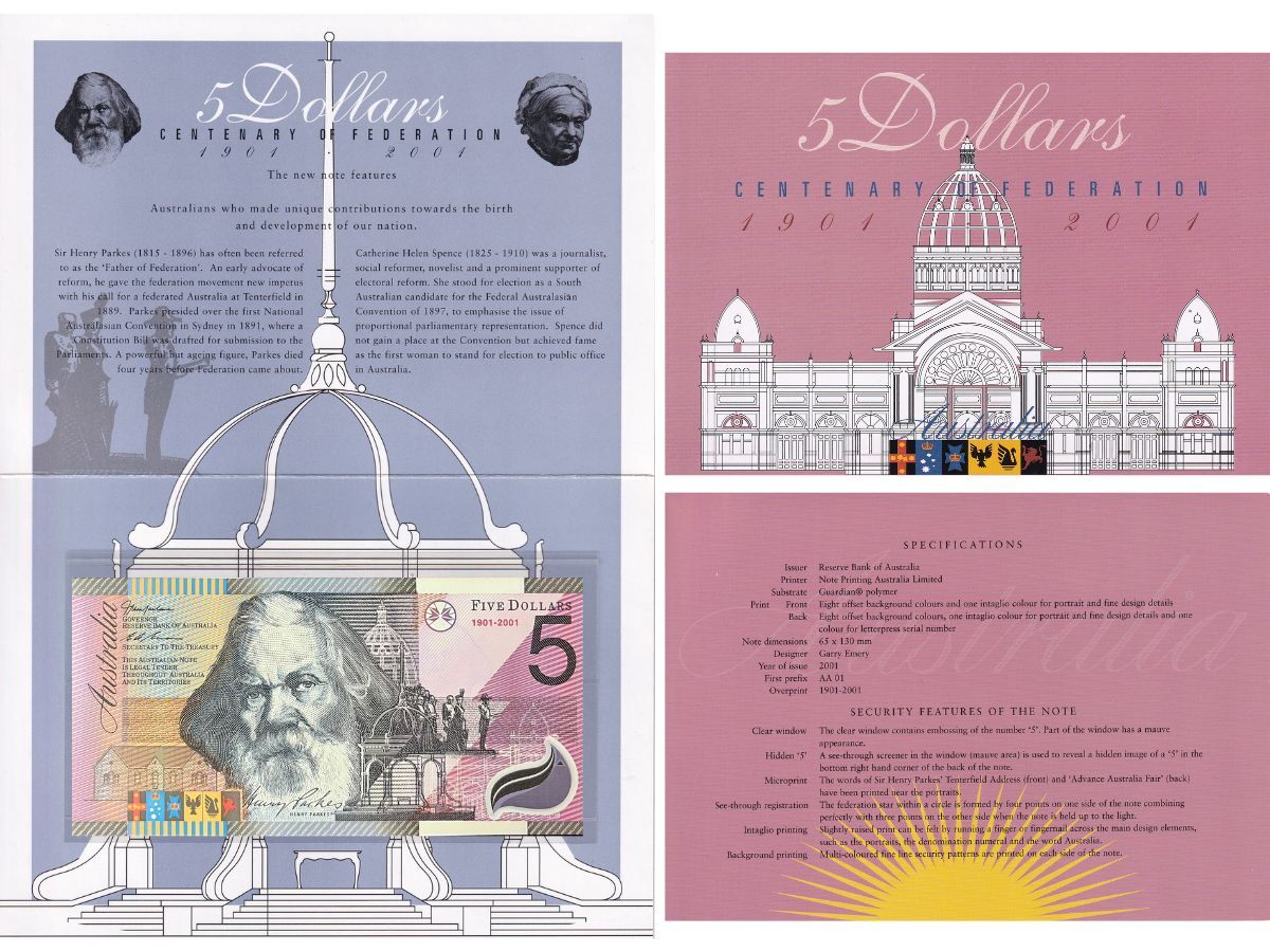 Australia 5 Dollars Commemorative 1901- 2001 Polymer P 56b With Folder