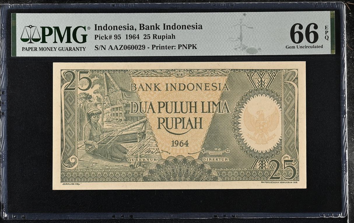 Indonesia 25 Rupiah 1964 P 95 Gem UNC PMG 66 EPQ