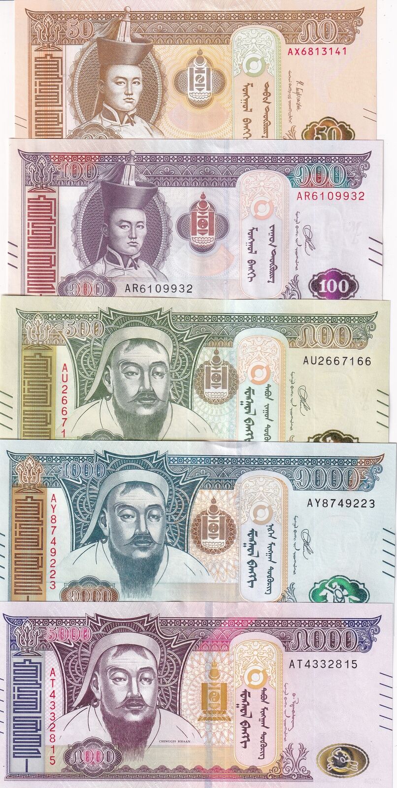 Mongolia SET 5 PCS 50 100 500 1000 5000 TUGRIK 2019-2024 P 72 73-76 UNC