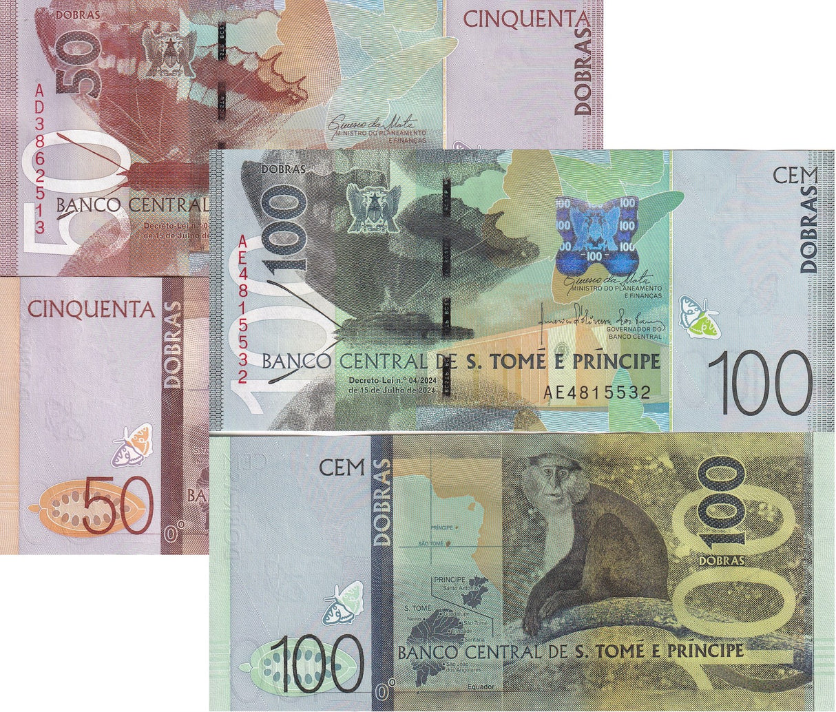 Sao Tome St. Thomas & Prince SET 2 UNC 50 100 Dobras 2024/2025 P 73 74 NEW DATE