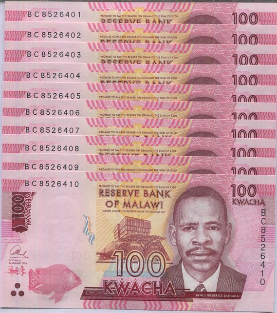 Malawi 100 Kwacha 2016 P 65 UNC Lot 10 PCS