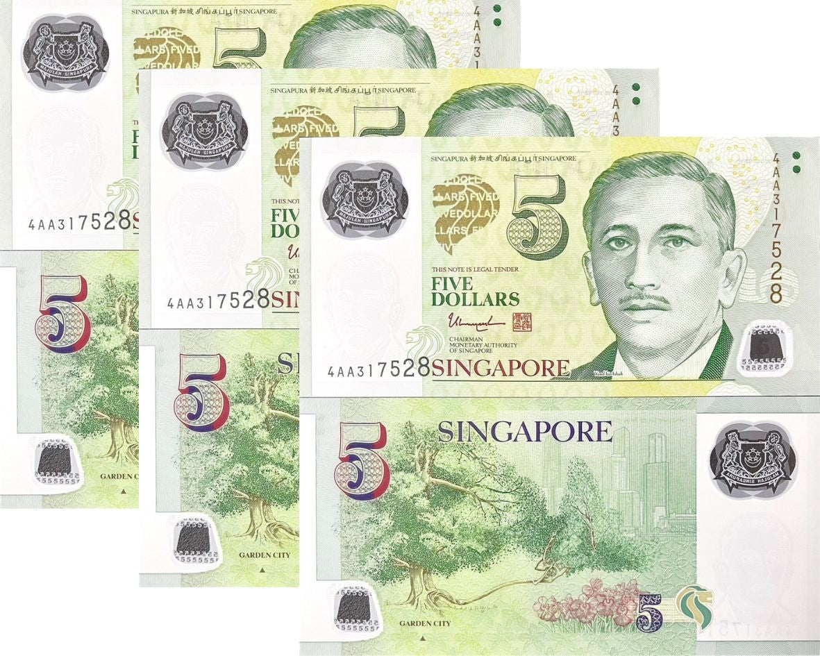 Singapore 5 Dollars ND 2014 P 47d Garden City W/Triangle UNC LOT 3 PCS