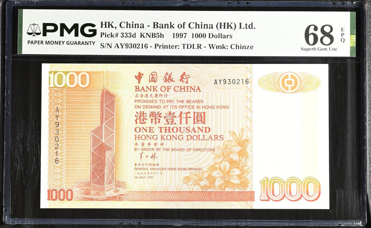 Hong Kong 1000 Dollars 1997 P 333 d BOC Superb Gem UNC PMG 68 EPQ TOP POP