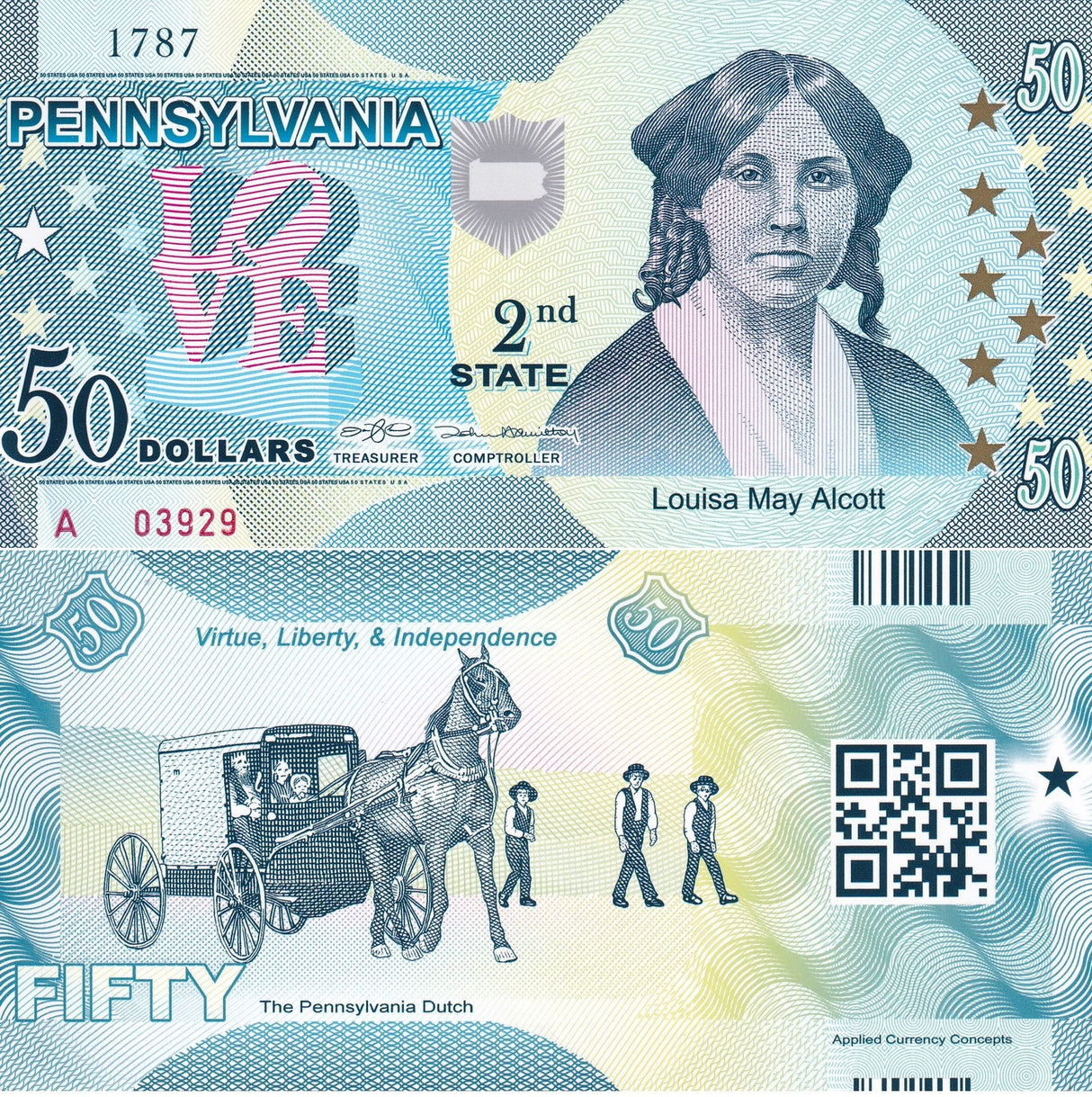 USA United State 50 Dollars 2014 Polymer 2nd Pennsylvania Louisa May Alcott AUnc