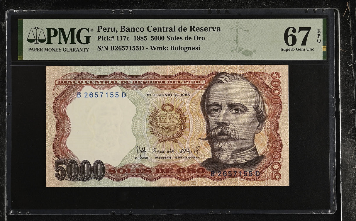 Peru 5000 Soles de Oro 1985 P 117 c Superb Gem UNC PMG 67 EPQ