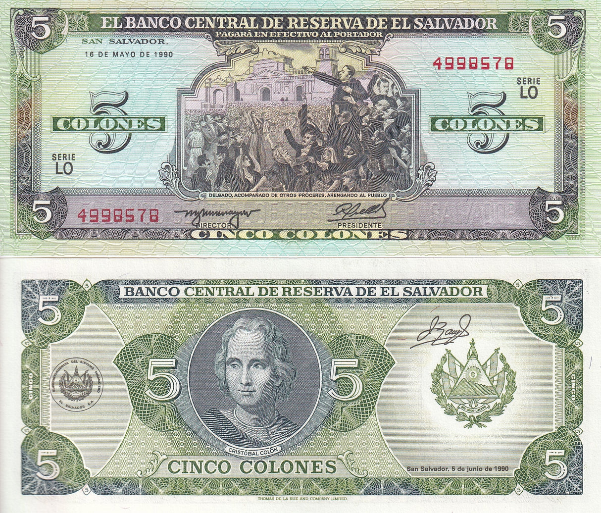 El Salvador 5 Colones 1990 P 138 UNC