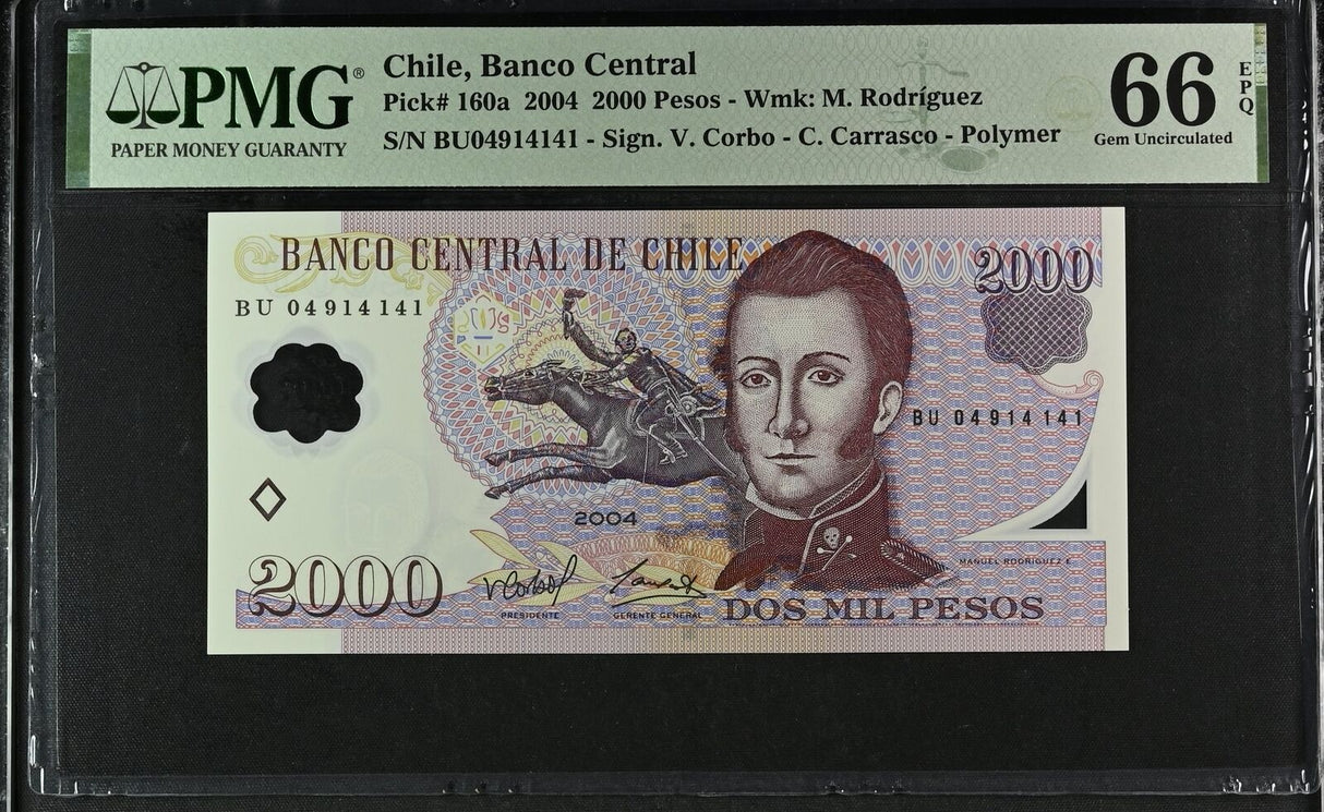 Chile 2000 Pesos 2004 P 160 a Polymer Gem UNC PMG 66 EPQ
