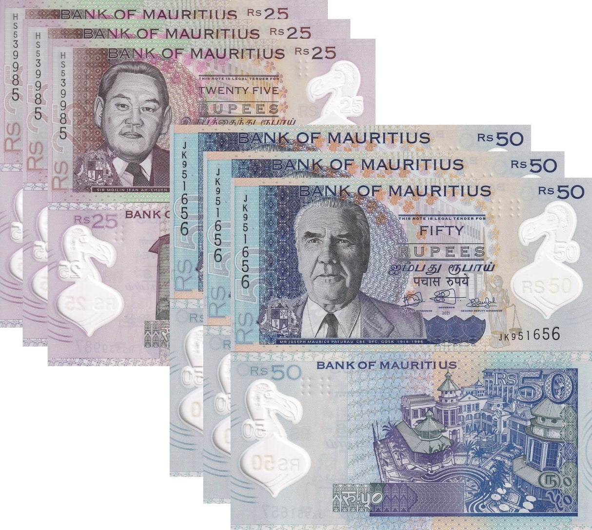 Mauritius SET 2 x LOT 3 SetS = 6 UNC 25 50 Rupees 2021 2023 P 64 P 65 Polymer