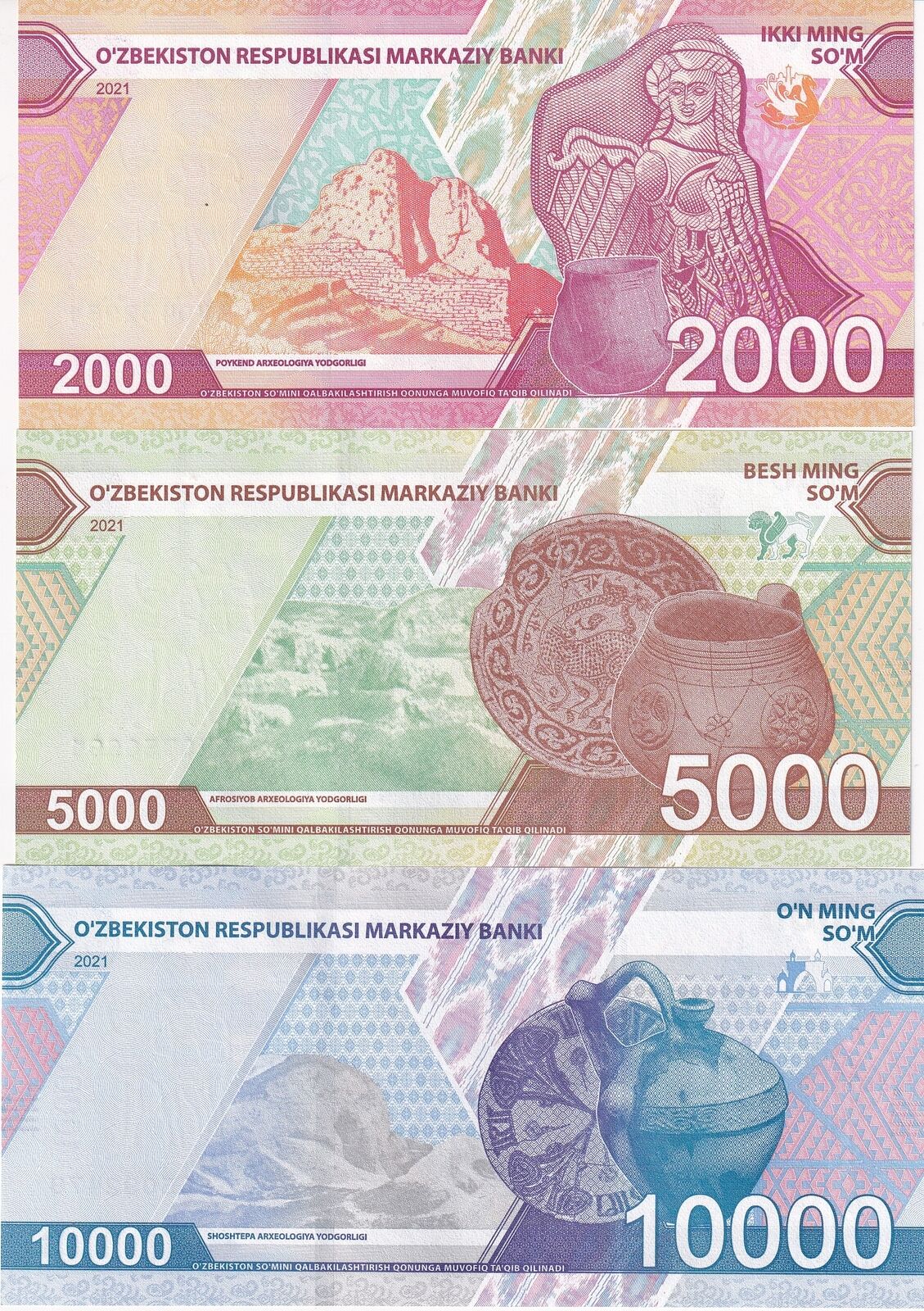 Uzbekistan Set 3 Pcs 2000 5000 10000 Som 2021 2022 P 87 88 89 UNC