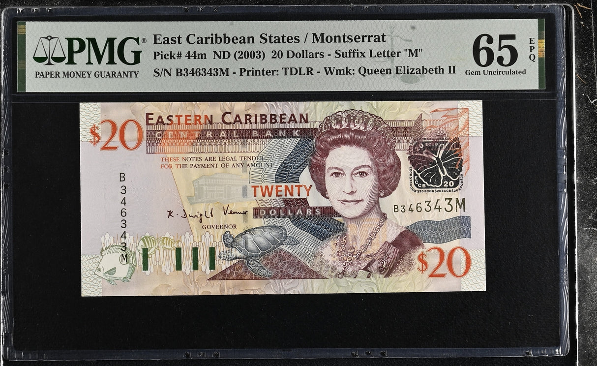 East Caribbean 20 Dollars ND 2003 P 44 m Suffix Letter M Gem UNC PMG 65 EPQ