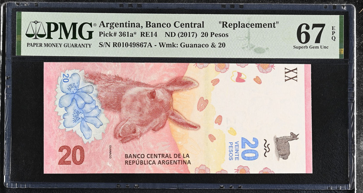 Argentina 20 Pesos ND 2017 P 361 a* Replacement Superb Gem UNC PMG 67 EPQ TOP