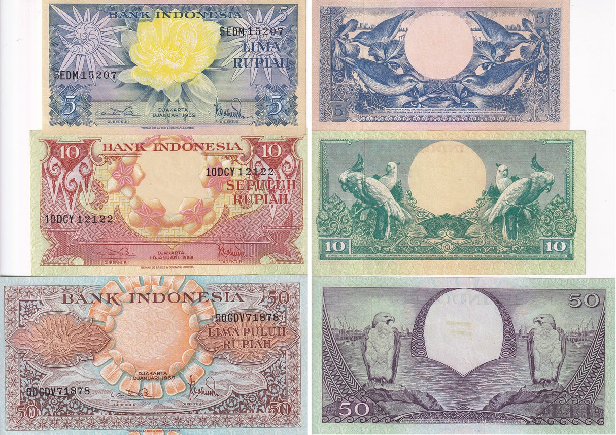 Indonesia set 3 AUnc 5 10 50 Rupiah 1959 P 65 66 67 AUnc