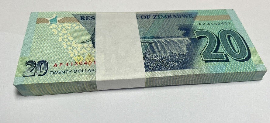 Zimbabwe 20 Dollars 2020 P 104 UNC LOT 100 PCS 1 BUNDLE
