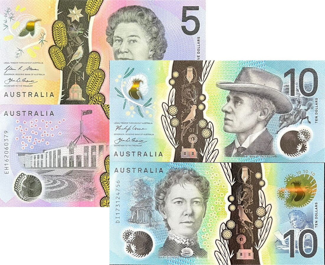 Australia Set 2 PCS 5 10 Dollars P 62 P 63 2016 2017 Polymer UNC
