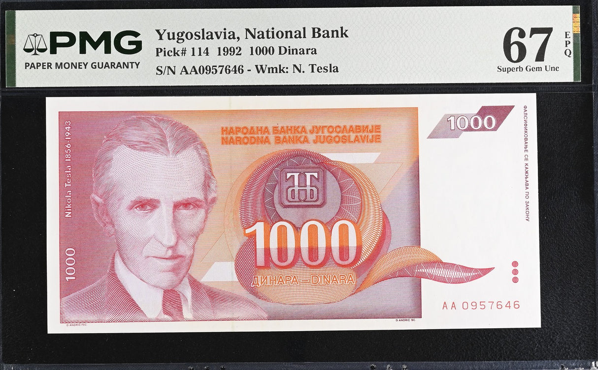 Yugoslavia 1000 Dinara 1992 P 114 AA Superb Gem UNC PMG 67 EPQ
