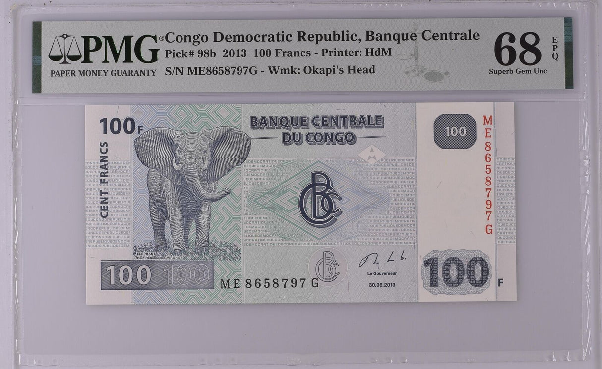 Congo 100 Francs 2013 P 98 b Superb Gem UNC PMG 68 EPQ Top Pop