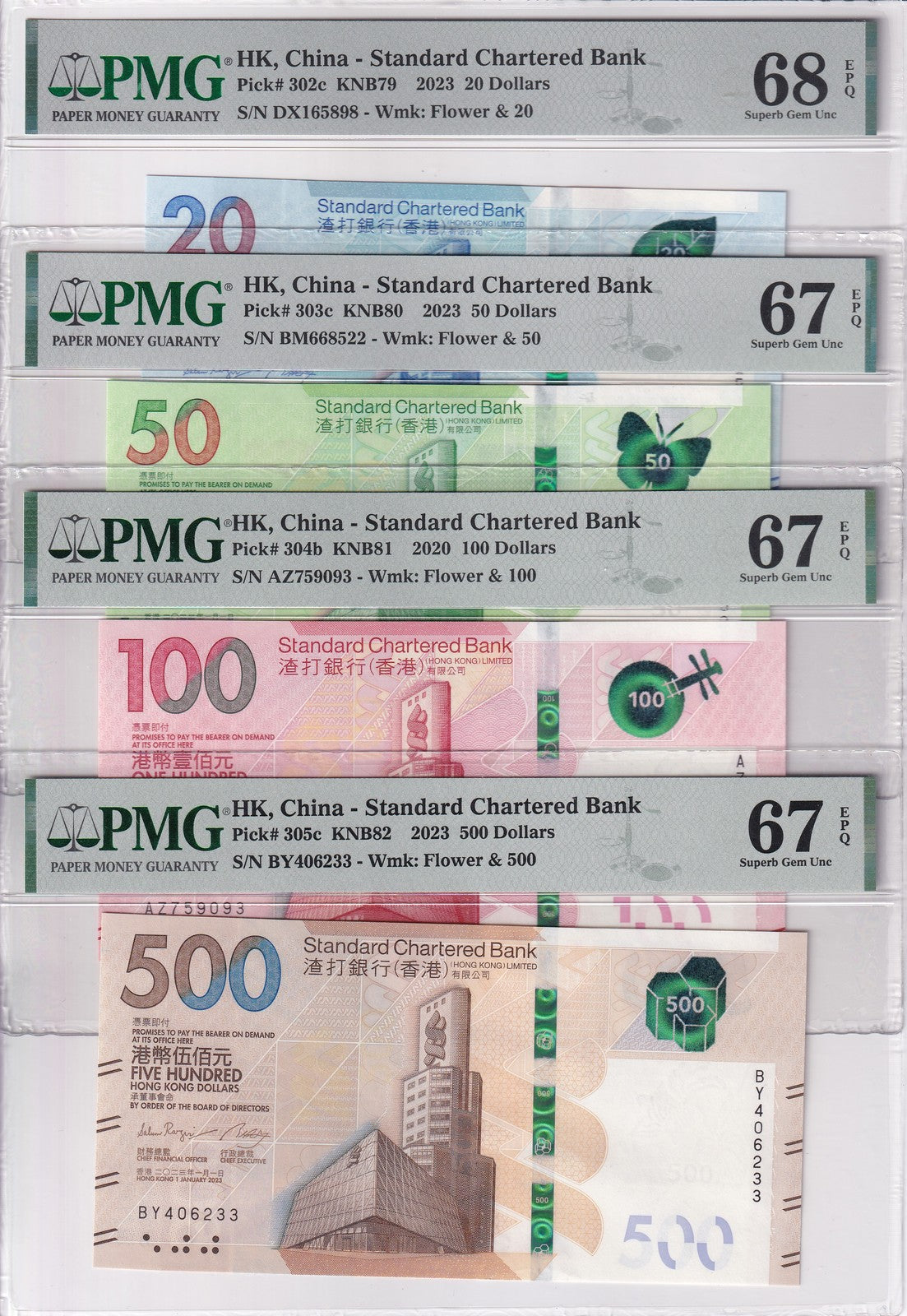 Hong Kong Set 4; 20-500 Dollars 2023 P 302-305 SCB Superb GEM UNC PMG 67 68 EPQ