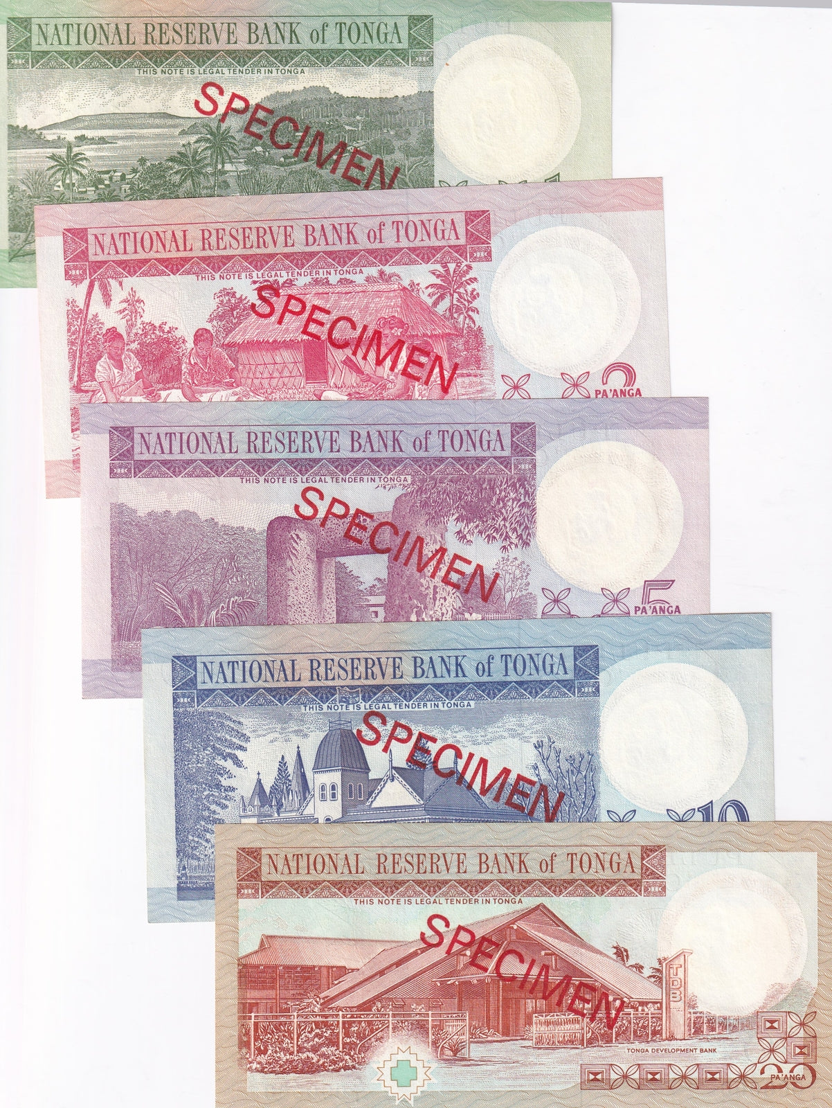 Tonga Set 5 UNC 1 2 5 10 20 Pa'anga ND 1995 P 31 32 33 34 35 SPECIMEN UNC