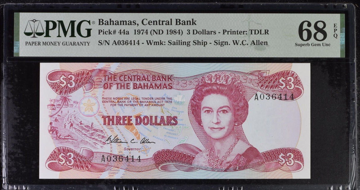 Bahamas 3 Dollars 1974 ND 1984 P 44 a Superb Gem UNC PMG 68 EPQ
