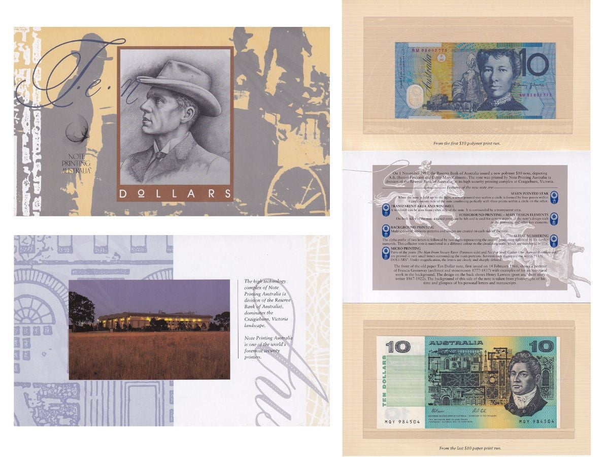 Australia SET 2 UNC 10 Dollars ND 1974-1993 PAPER Polymer P 45 52 Red W/Folder