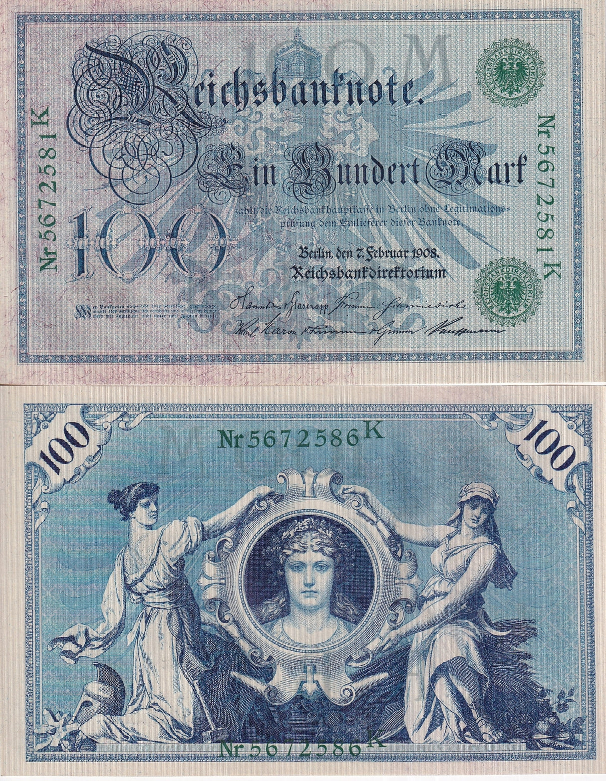 Germany Reichsbank 100 Mark 1908 Green S/N P 34 UNC