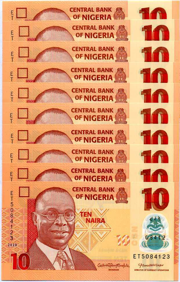 Nigeria 10 Naira Mixed Year Polymer P 39 UNC Lot 10 Pcs 1/10 Bundle