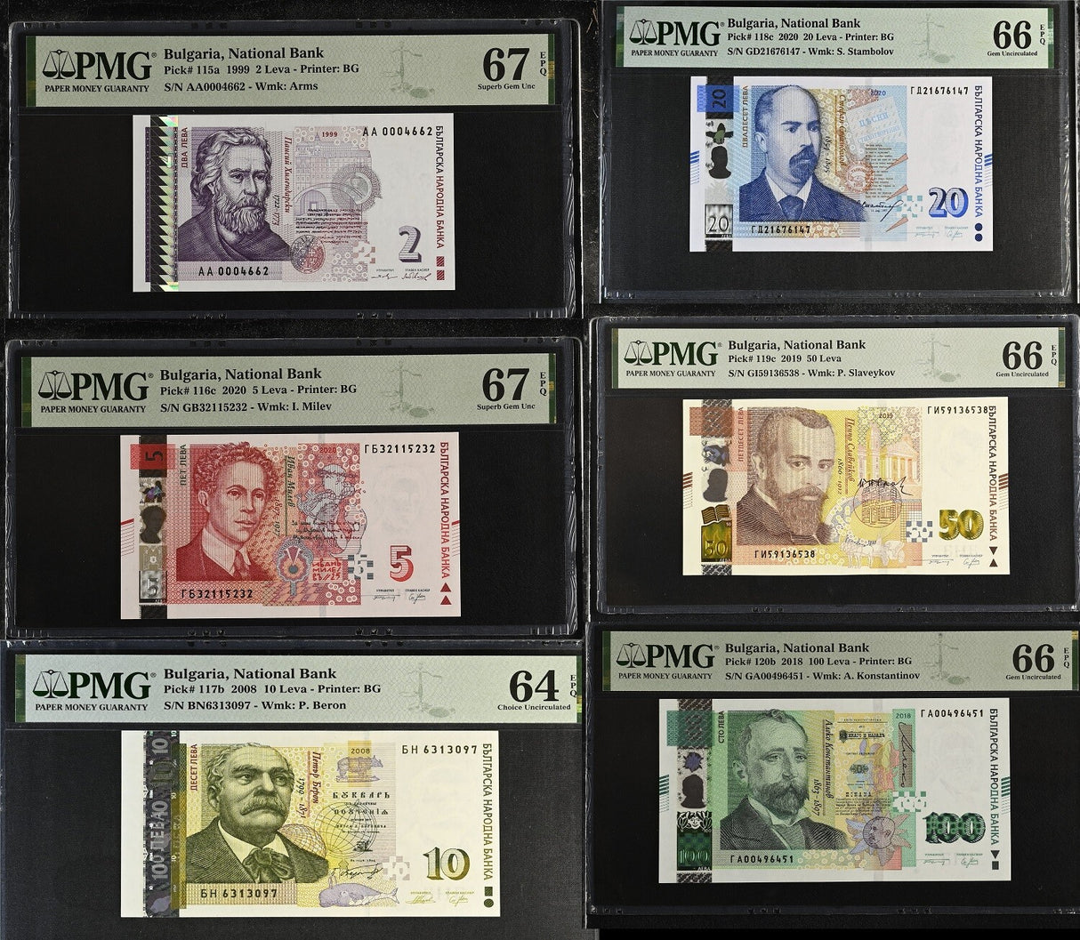 Bulgaria Set 6; 2 5 10 20-100 Leva 2020 P 115 -120 Superb Gem UNC PMG 66 67 EPQ