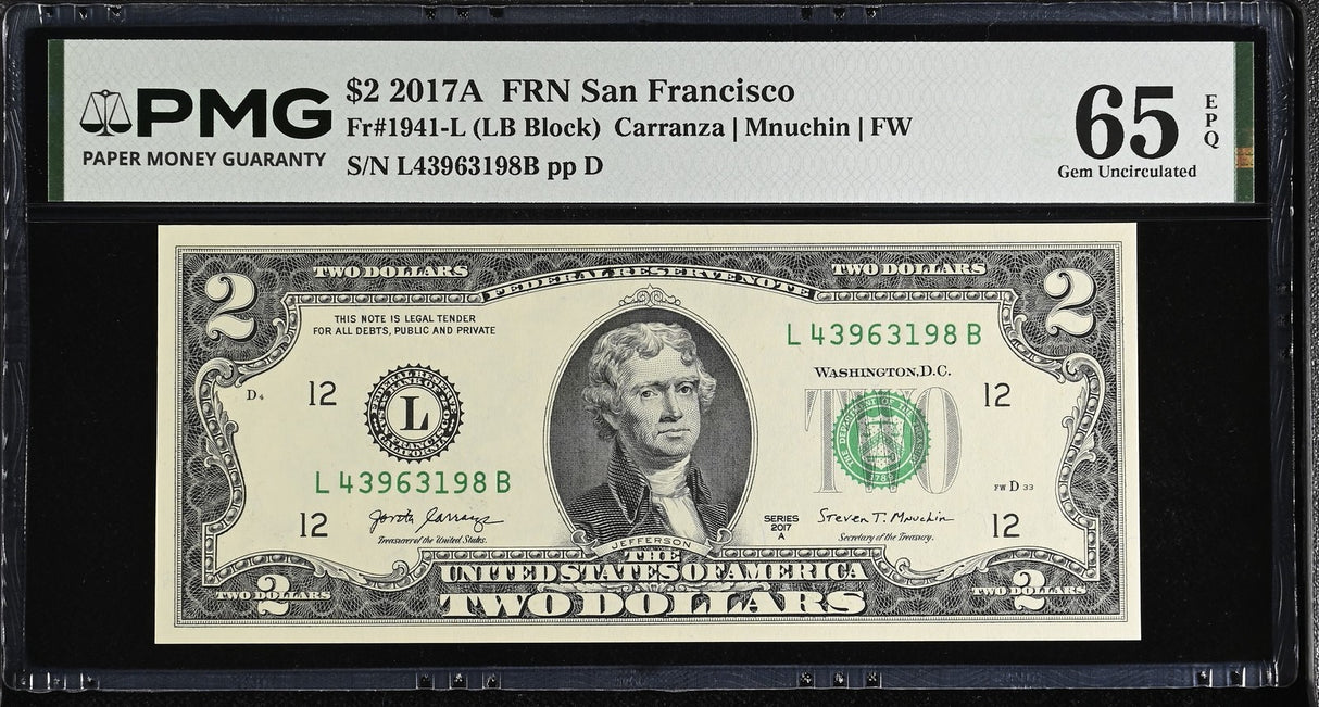 United States 2 Dollars Usa 2017A P 545 L San Fran Gem UNC PMG 65 EPQ