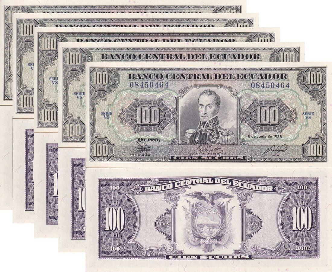 Ecuador 100 Sucres 1988 P 123Aa UNC LOT 5 PCS , Simon Bolívar Arms