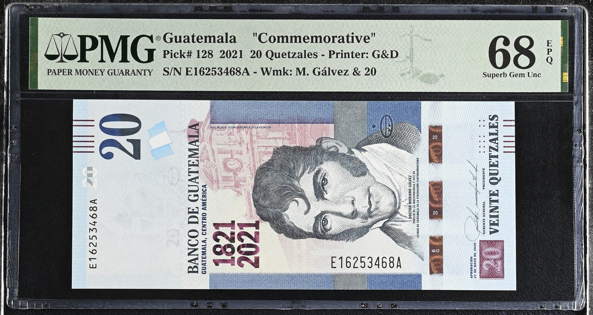 Guatemala 20 Quetzales 2021 Commemorative P 128 Superb Gem UNC PMG 68 EPQ TOP