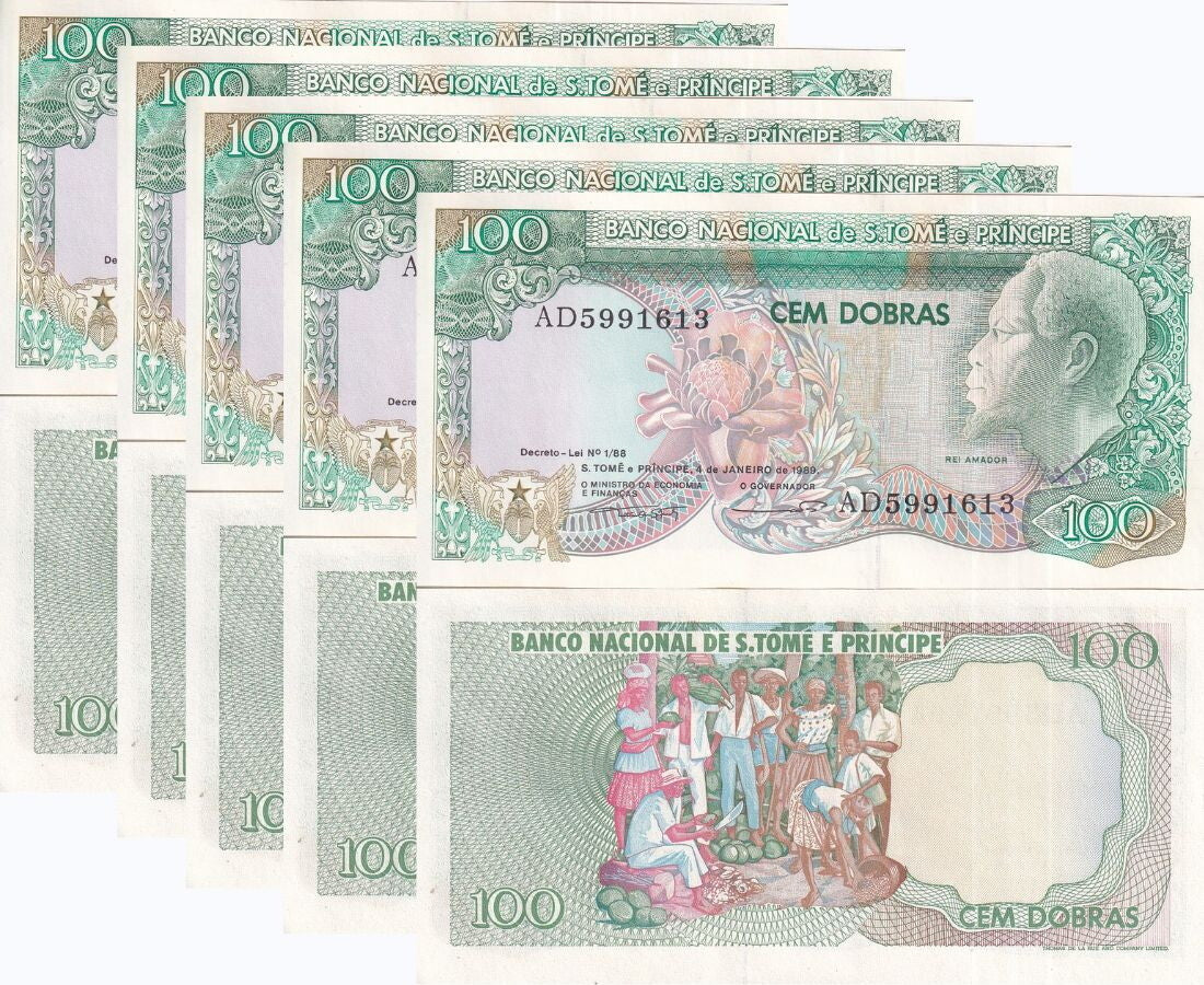 St. Thomas & Prince 100 Dobras 1989 P 60 UNC LOT 5 Pcs