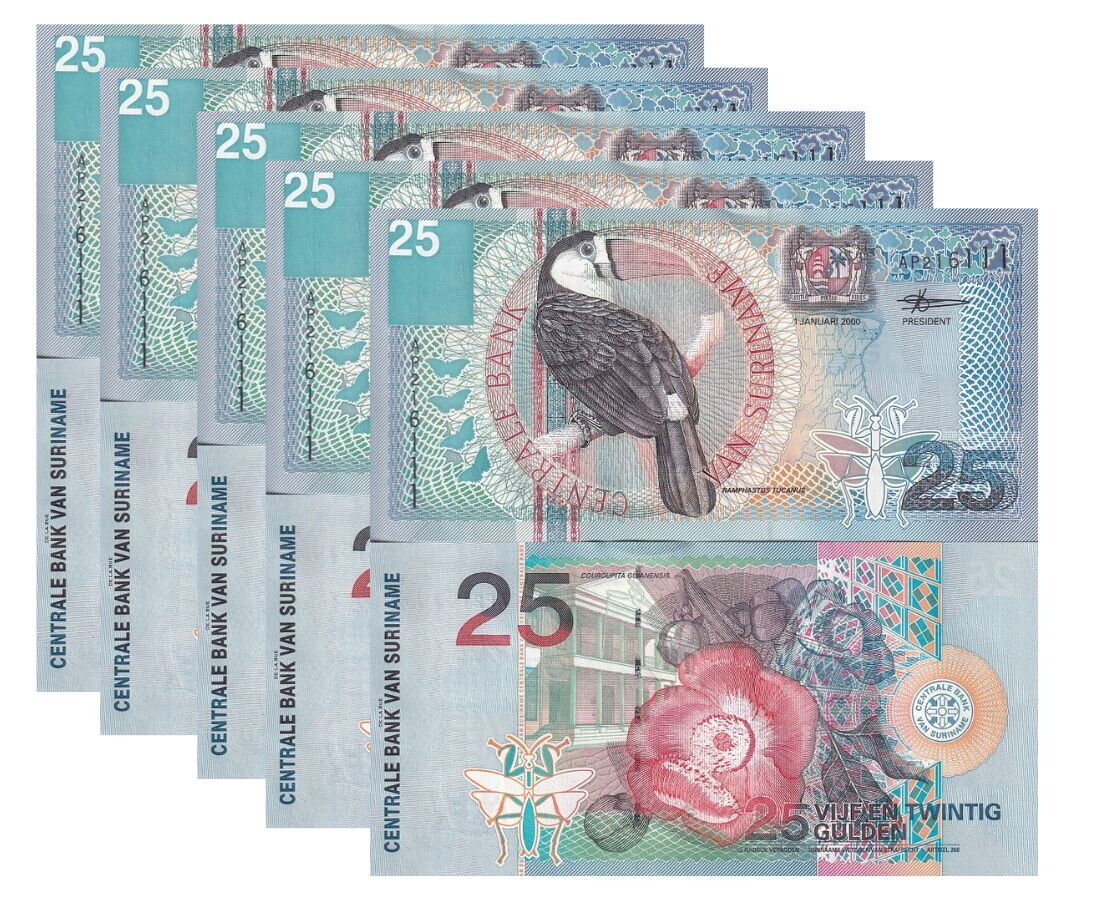 Suriname 25 Gulden 2000 P 148 UNC LOT 5 PCS