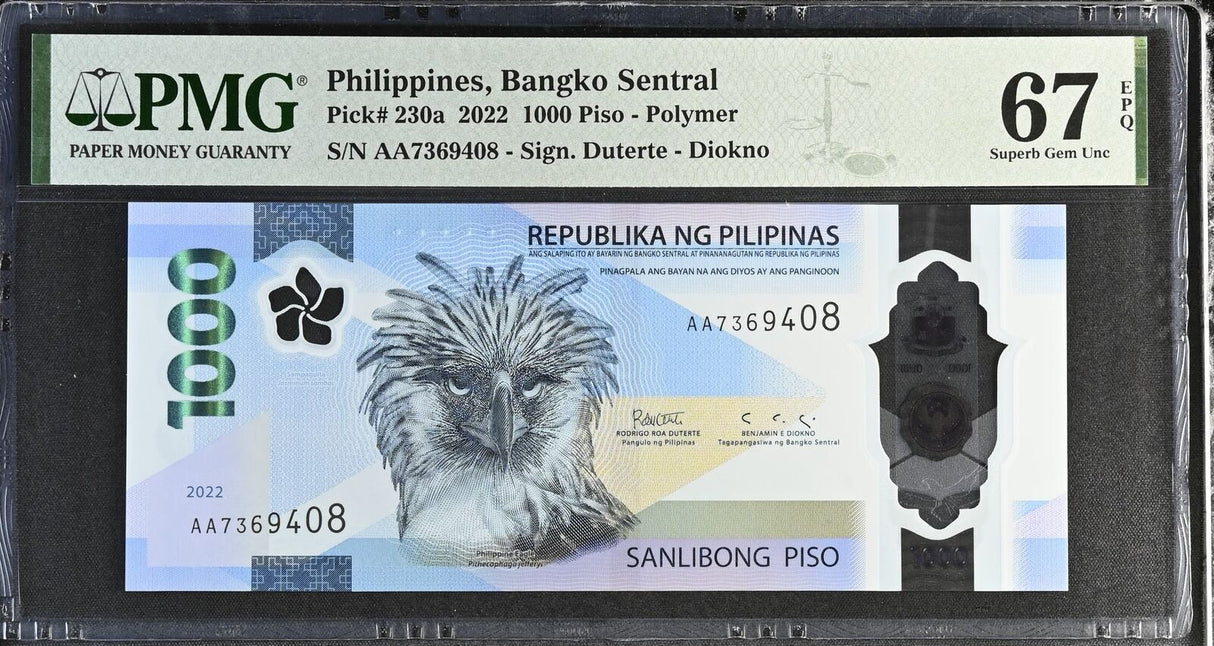 Philippines 1000 Piso 2022 P 230 a AA Prefix Superb Gem UNC PMG 67 EPQ
