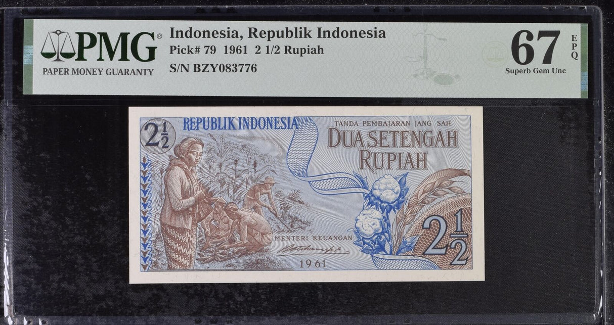 Indonesia 2.5 , 2 1/2 Rupiah 1961 P 79 Superb Gem UNC PMG 67 EPQ