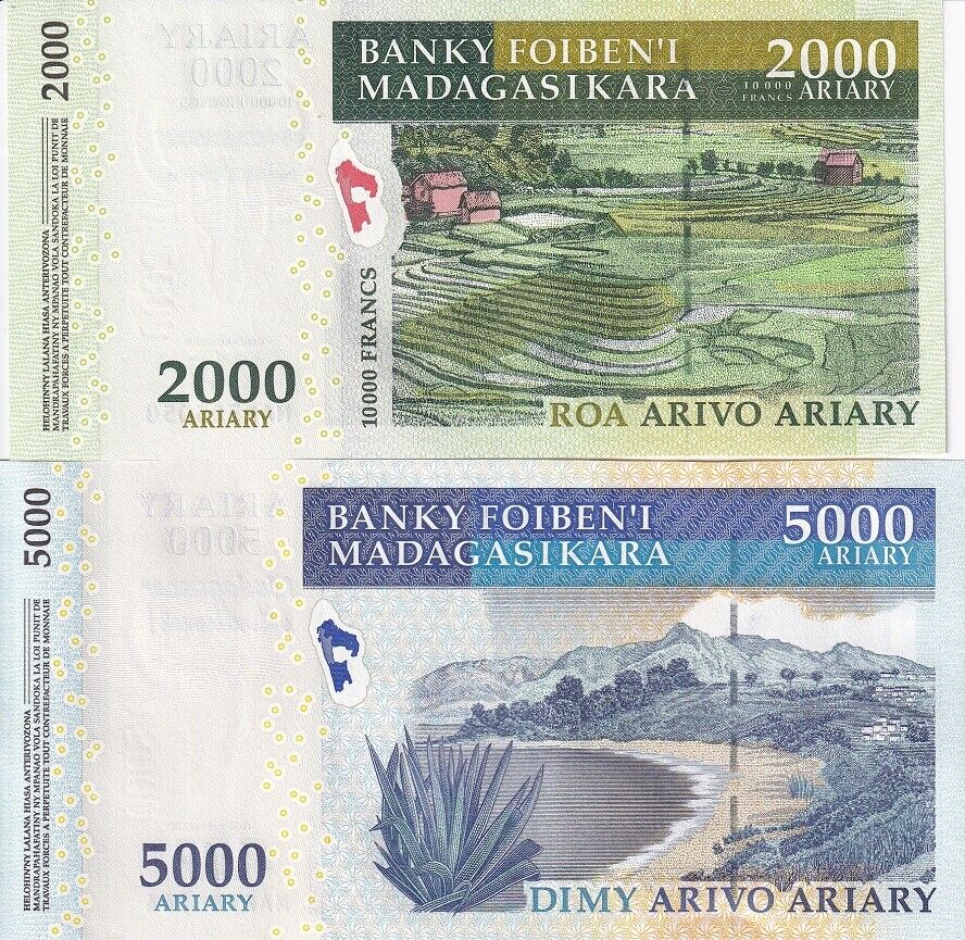 Madagascar Set 2 PCS 2000 5000 Ariary ND 2008 P 93 94 COMM UNC