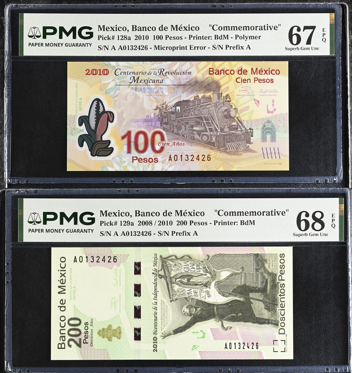 Mexico SET 2 200 Pesos 2008/2010 Comm. P 128 129 AA Superb Gem UNC PMG 67 68 EPQ