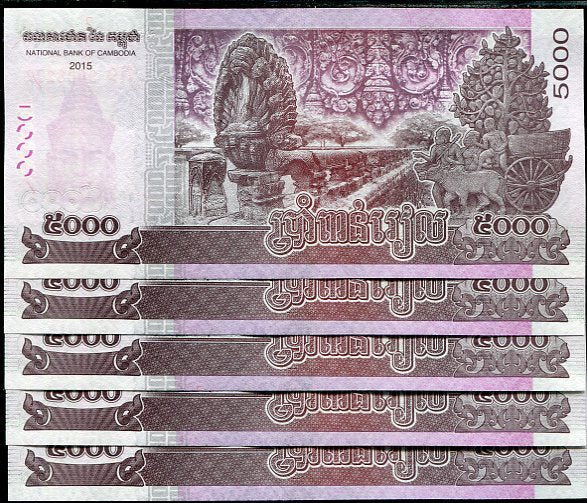 Cambodia 5000 Riels 2015 P 68 UNC Lot 5 Pcs