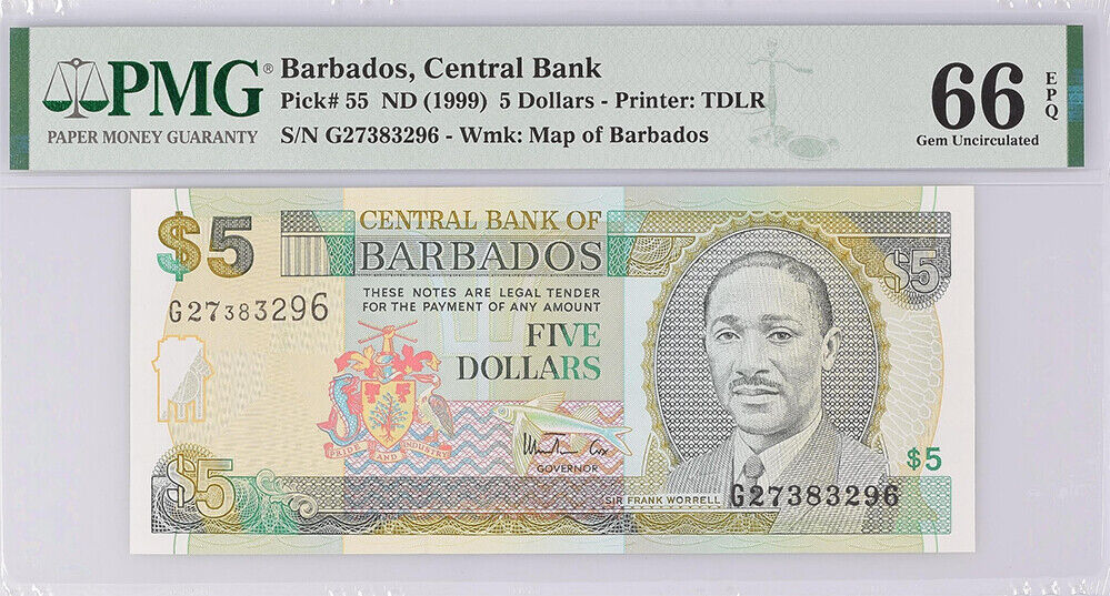 Barbados 5 Dollars ND 1999 P 55 Gem UNC PMG 66 EPQ