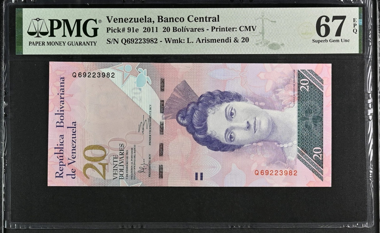 Venezuela 20 Bolivares 2011 P 91 e Superb Gem UNC PMG 67 EPQ
