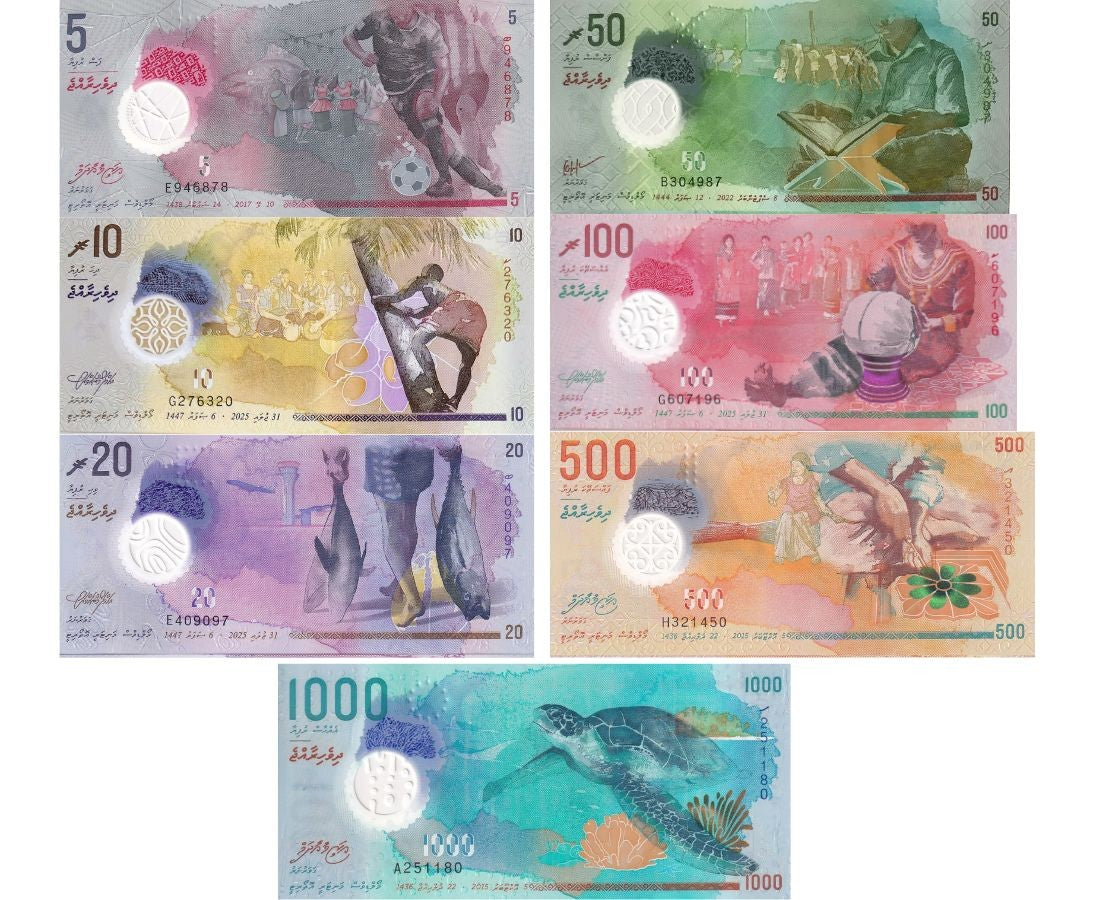 Maldives Set 7 UNC 5 10 20 50 100 500 1000 Rufiyaa 2017-2025 Polymer P A26-36
