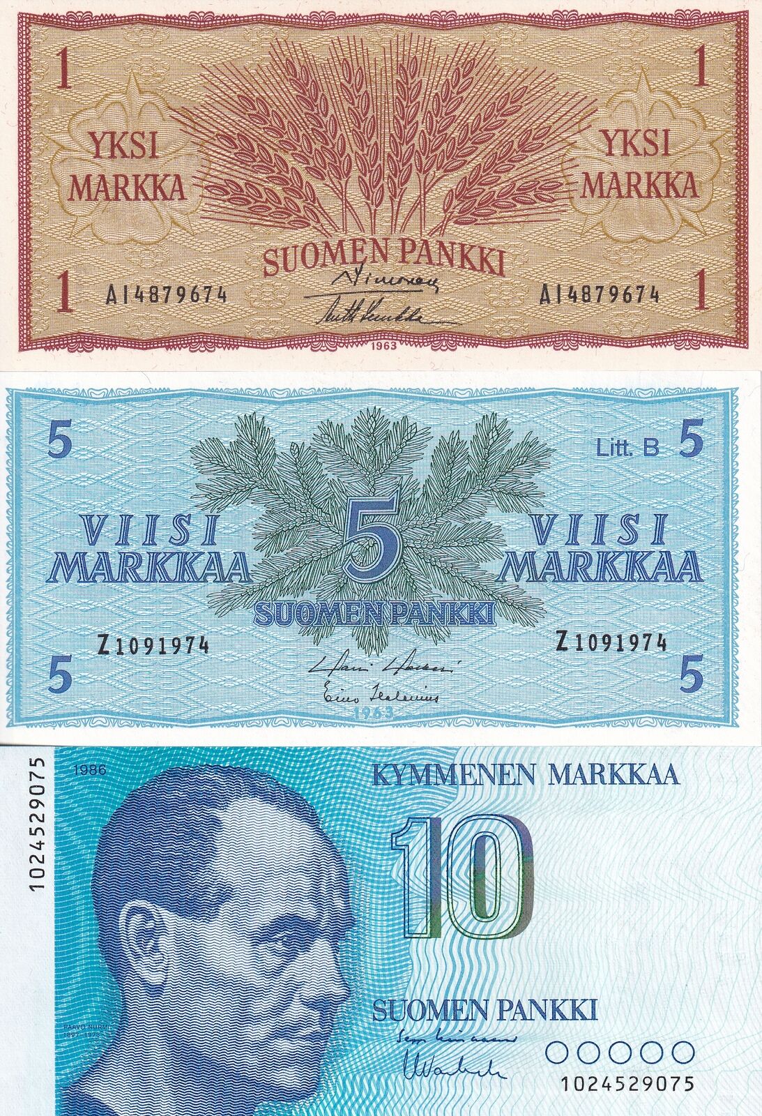 Finland Set 3 PCS 1 5 10 Markka 1963 1986 P 98 P 106 P 113 UNC