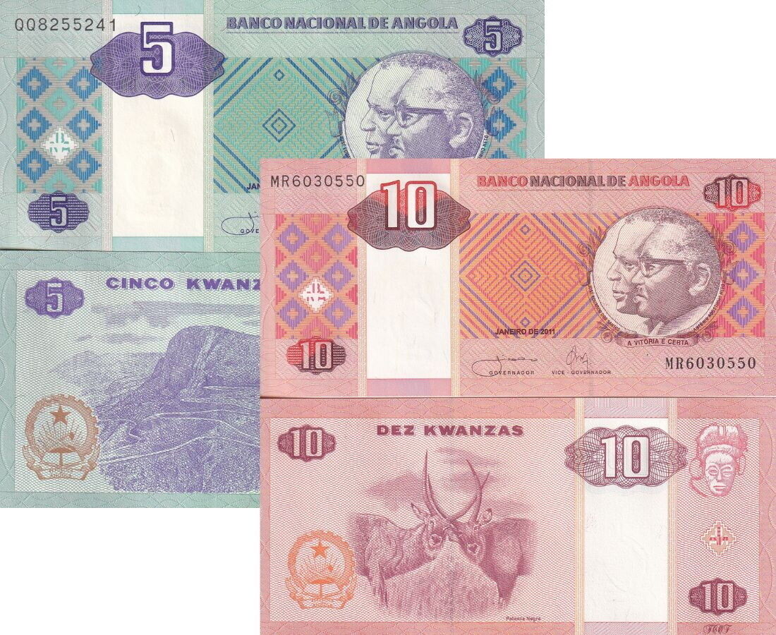 Angola Set 2 UNC 5 10 Kwanzas 2011 P 144 145 Oberthur Palanca Negra