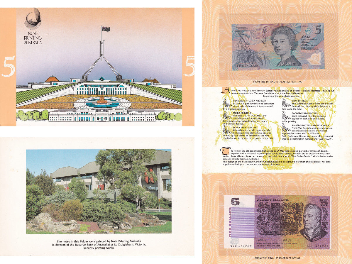 Australia SET 2 UNC 5 Dollars ND 1974-1993 PAPER Polymer P 44 50 Green W/Folder