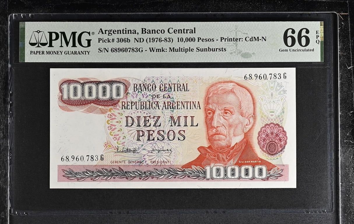 Argentina 10000 Pesos 1976-1983 P 306 b Gem UNC PMG 66 EPQ