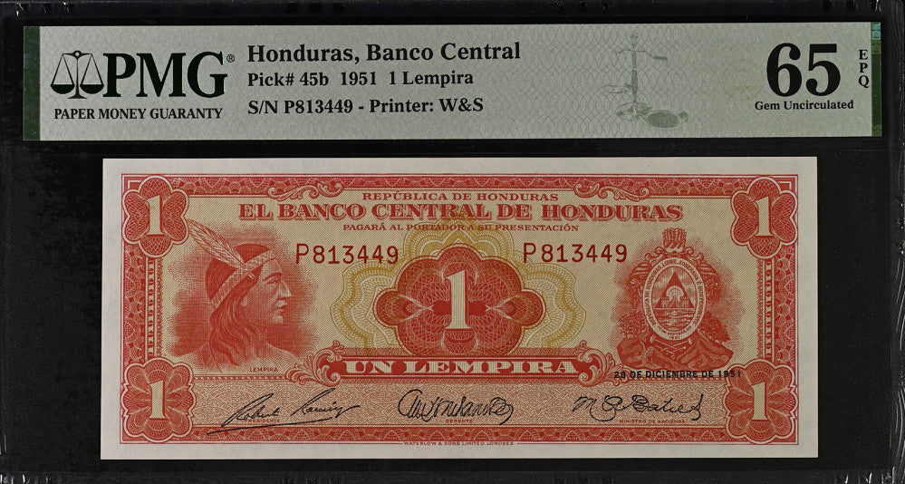 Honduras 1 Lempira 1951 P 45 b Gem UNC PMG 65 EPQ